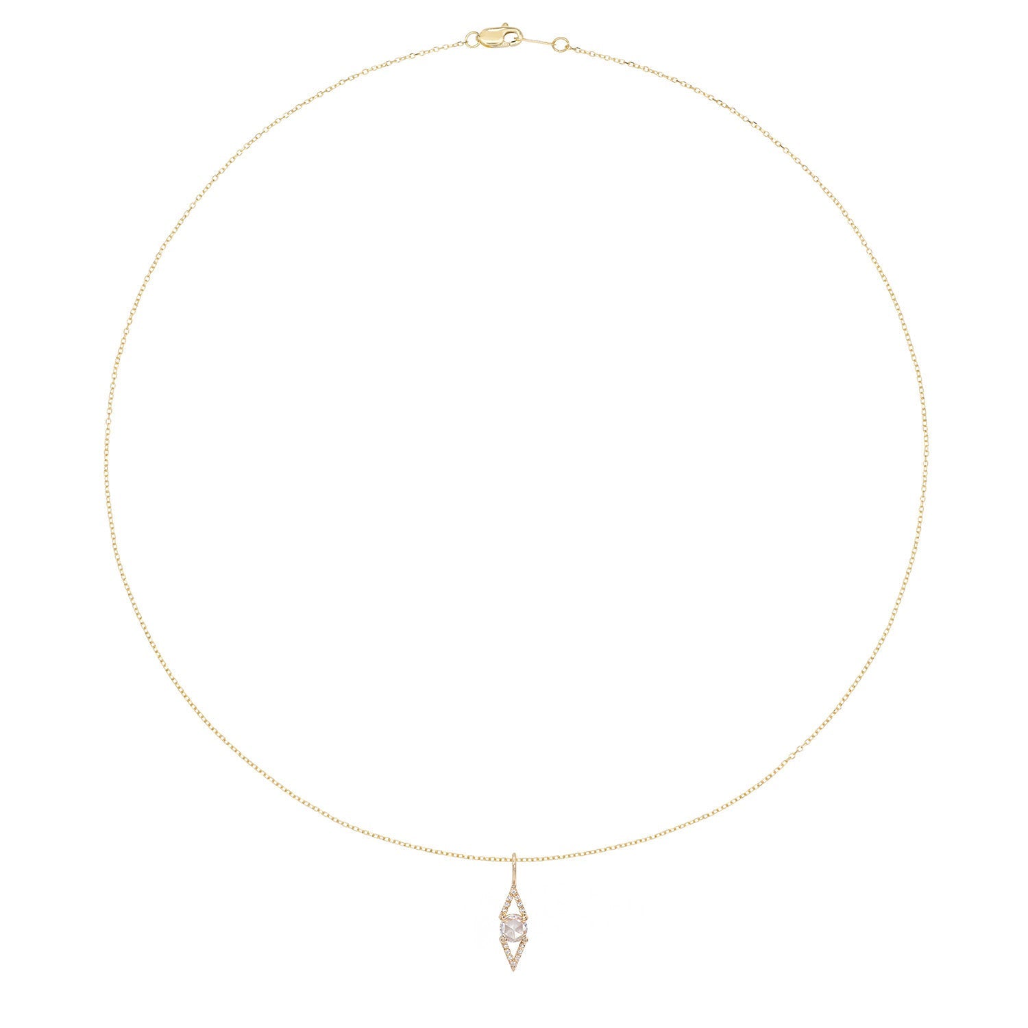 Vale Jewelry Large Victoire Necklace with White Rose Cut Diamond and White Diamond Pave on Diamond Cut Cable Chain in 14 Karat Yellow Gold Full View