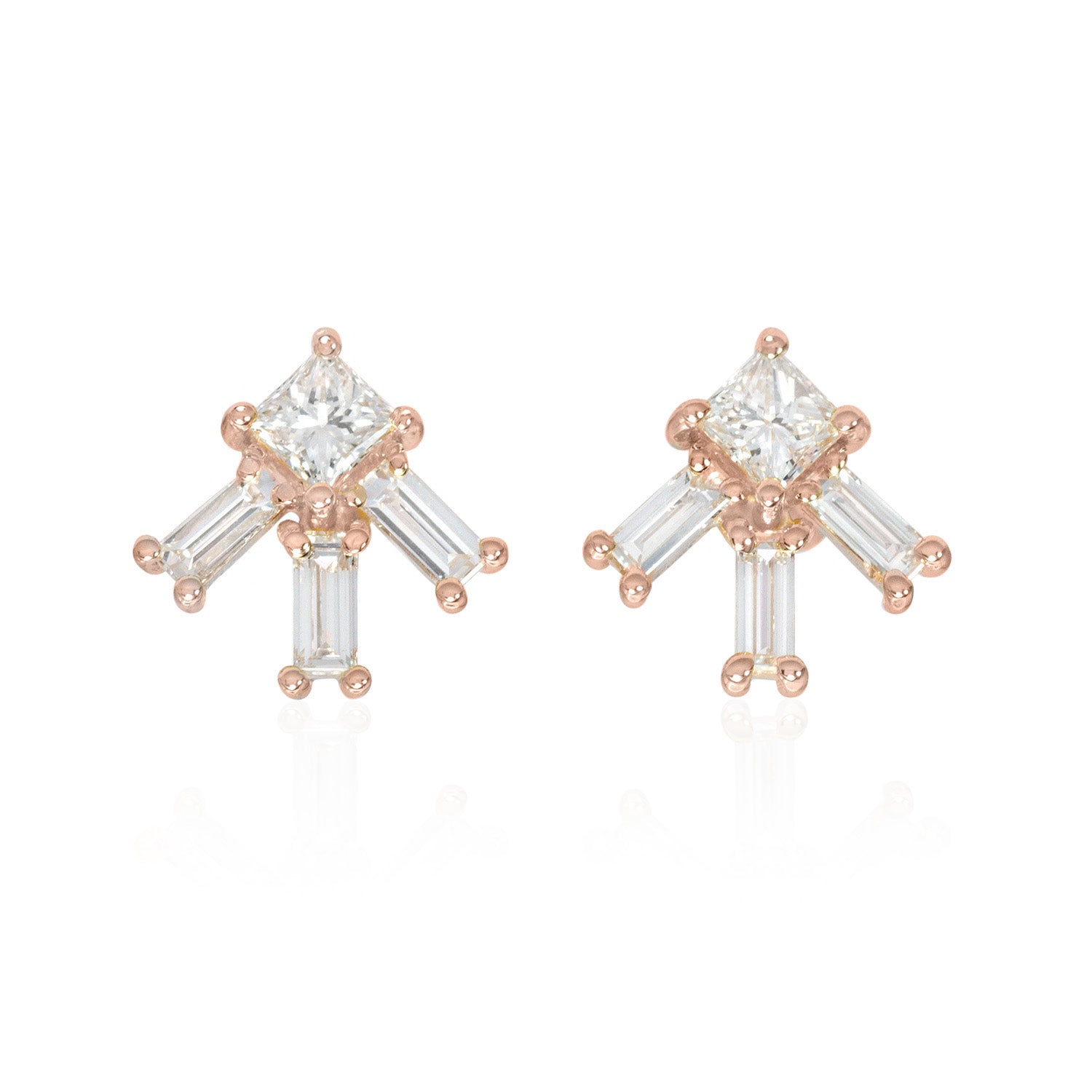 Vale Jewelry Larkspur Earrings with Princess Cut and Baguette Cut White Diamonds in 14 Karat Rose Gold Front View