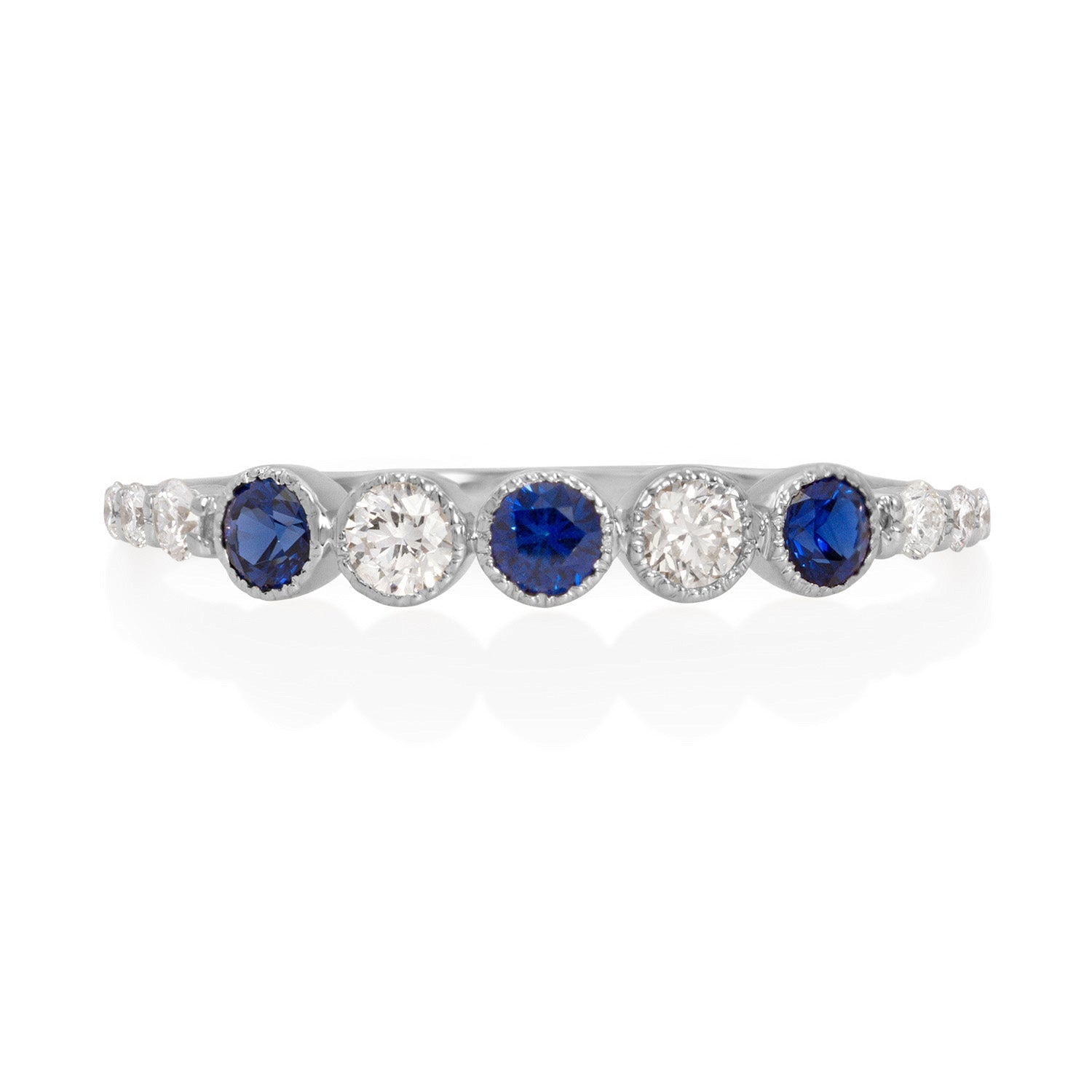 Vale Jewelry Leila Ring with Blue Sapphires and White Diamonds in 14 Karat White Gold Front View