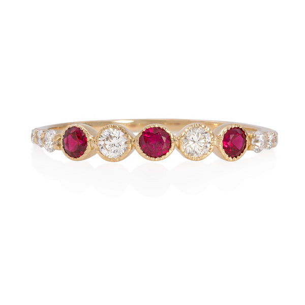 Vale Jewelry Leila Ring with Rubies and White Diamonds in 14 Karat Yellow Gold Front View