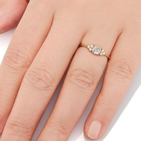 Vale Jewelry Lune Ring with Round Brilliant Cut Salt and Pepper Diamond Center and White Diamond Accents in 14 Karat Yellow Gold Hand View