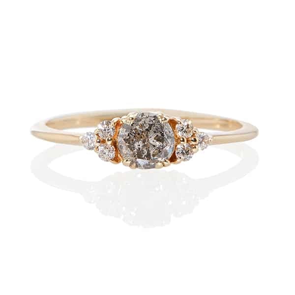 Vale Jewelry Lune Ring with Round Brilliant Cut Salt and Pepper Diamond Center and White Diamond Accents in 14 Karat Yellow Gold Front View