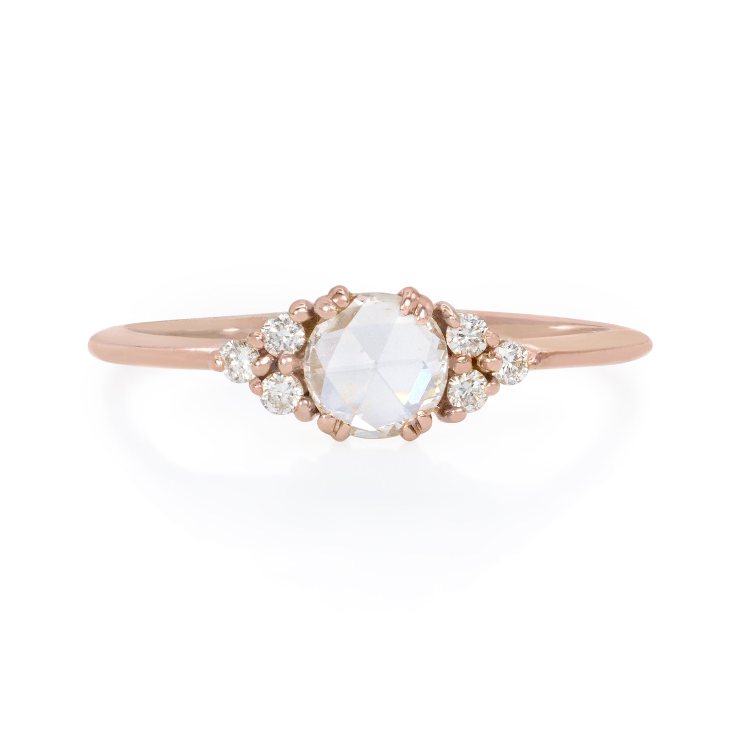 Vale Jewelry Lune Ring with White Round Rose Cut Diamond Center and White Diamond Accents in 14 Karat Rose Gold Front View