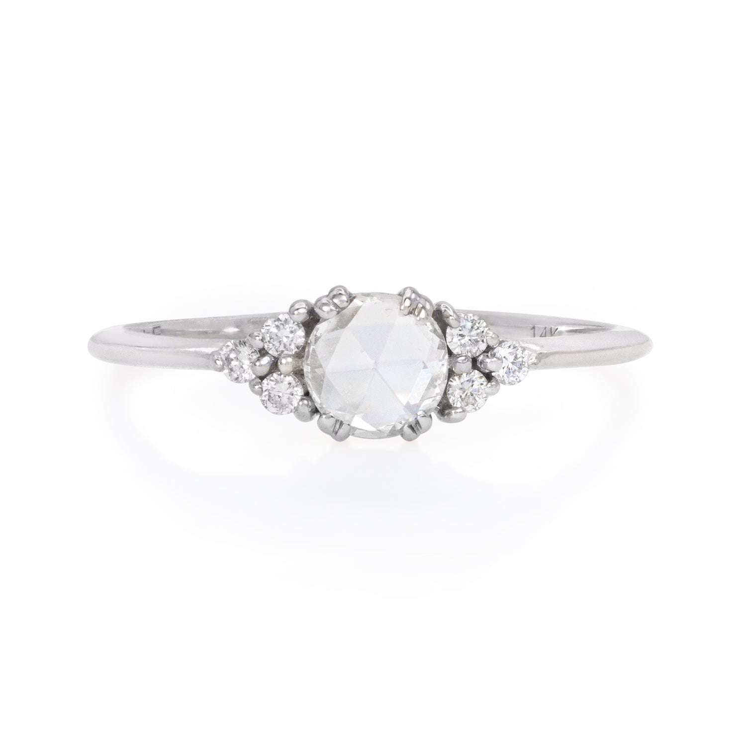 Vale Jewelry Lune Ring with White Round Rose Cut Diamond Center and White Diamond Accents in 14 Karat White Gold Front View