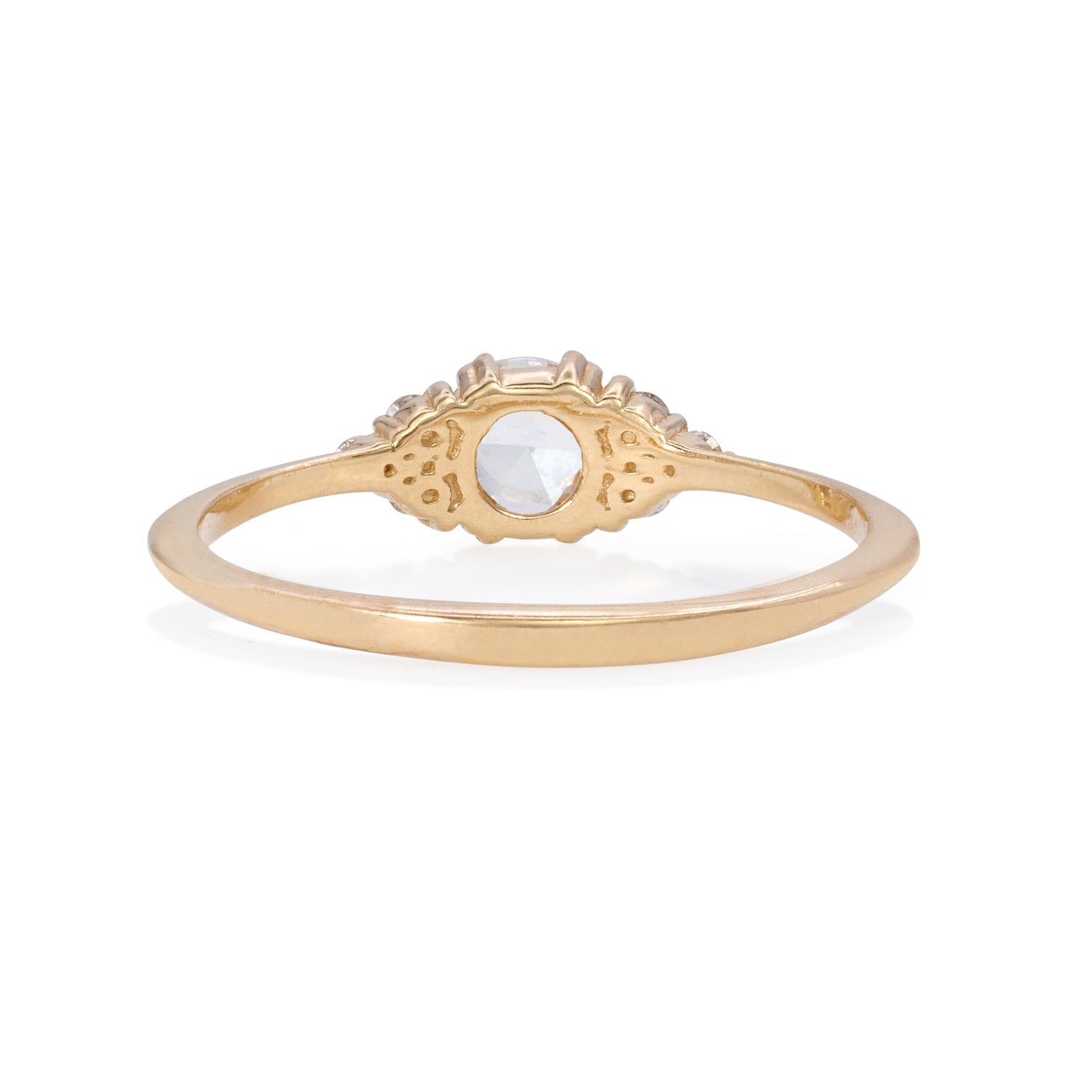 Vale Jewelry Lune Ring with White Round Rose Cut Diamond Center and White Diamond Accents in 14 Karat Yellow Gold Back View