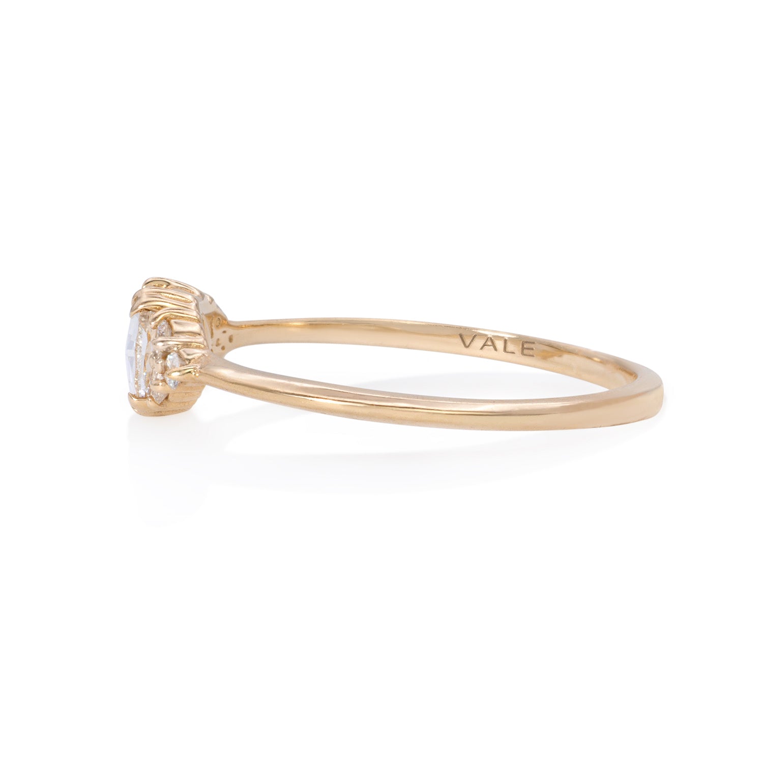 Vale Jewelry Lune Ring with White Round Rose Cut Diamond Center and White Diamond Accents in 14 Karat Yellow Gold Side View