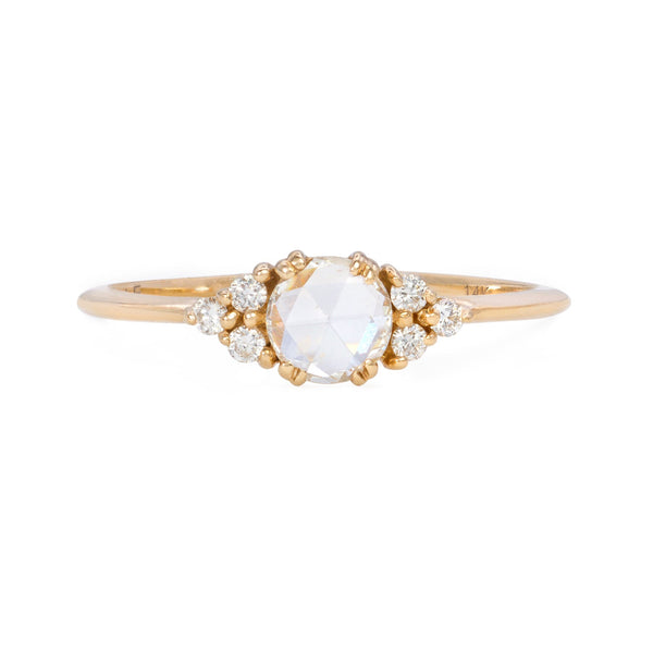 Vale Jewelry Lune Ring with White Round Rose Cut Diamond Center and White Diamond Accents in 14 Karat Yellow Gold Front View