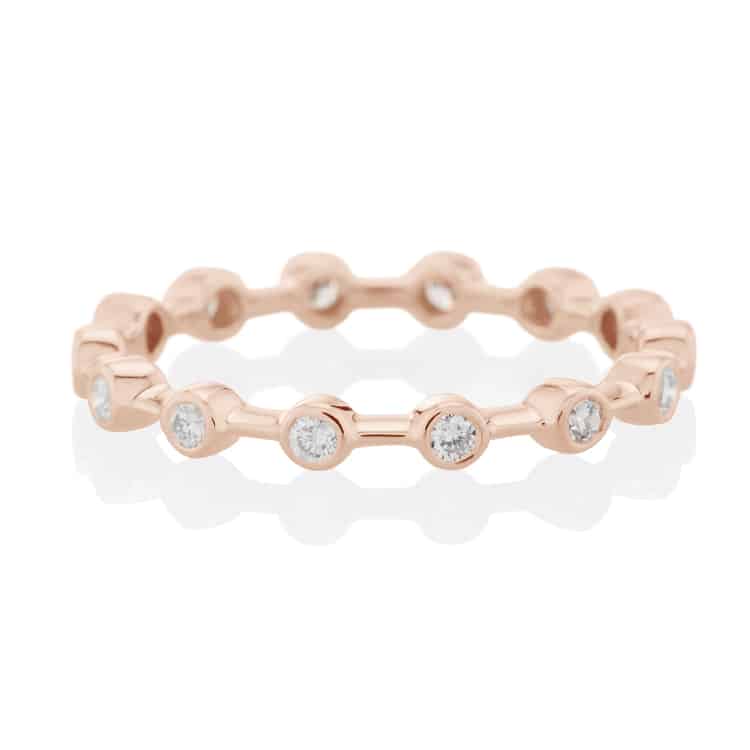 Vale Jewelry Lunette Ring with Eternity Bezel Set White Diamonds in 14 Karat Rose Gold Front View