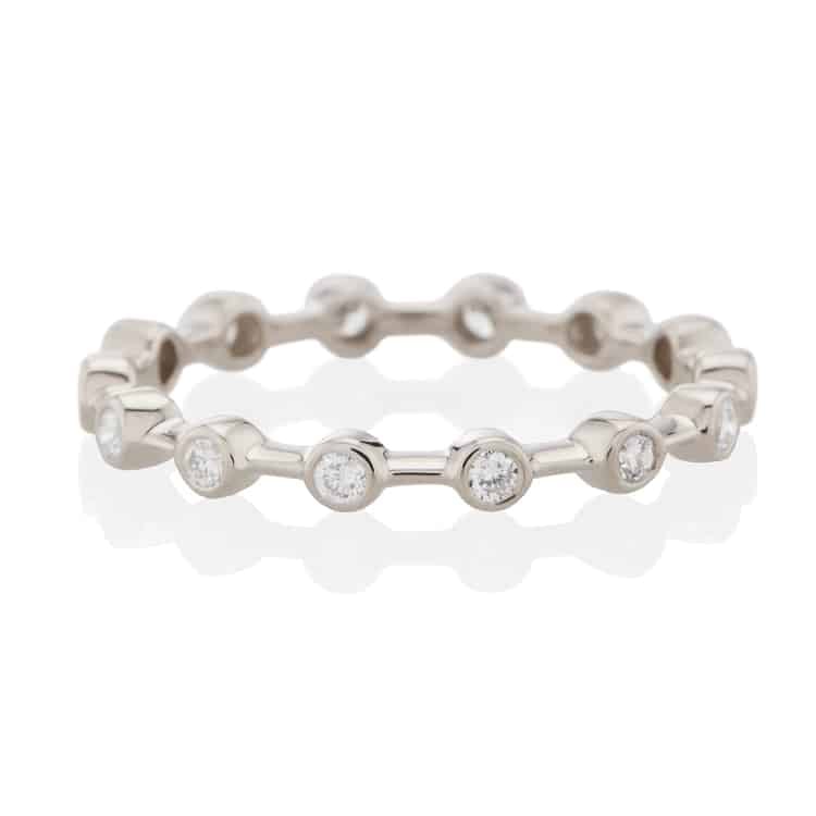 Vale Jewelry Lunette Ring with Eternity Bezel Set White Diamonds in 14 Karat White Gold Front View