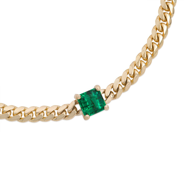 Vale Jewelry Marnie Curb Chain Bracelet with Radiant Cut Emerald in 14 Karat Yellow Gold Close Up