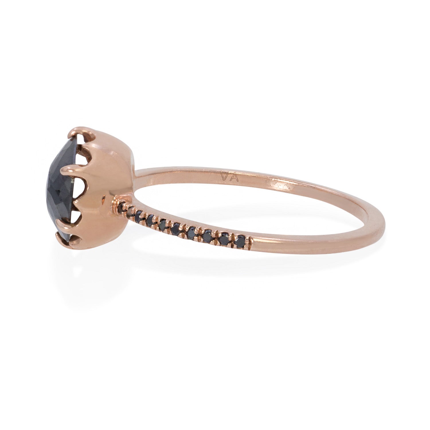 Vale Jewelry Mojave Ring with Rose Cut Black Diamond and Black Diamond Pave Accents in 14 Karat Rose Gold Side View