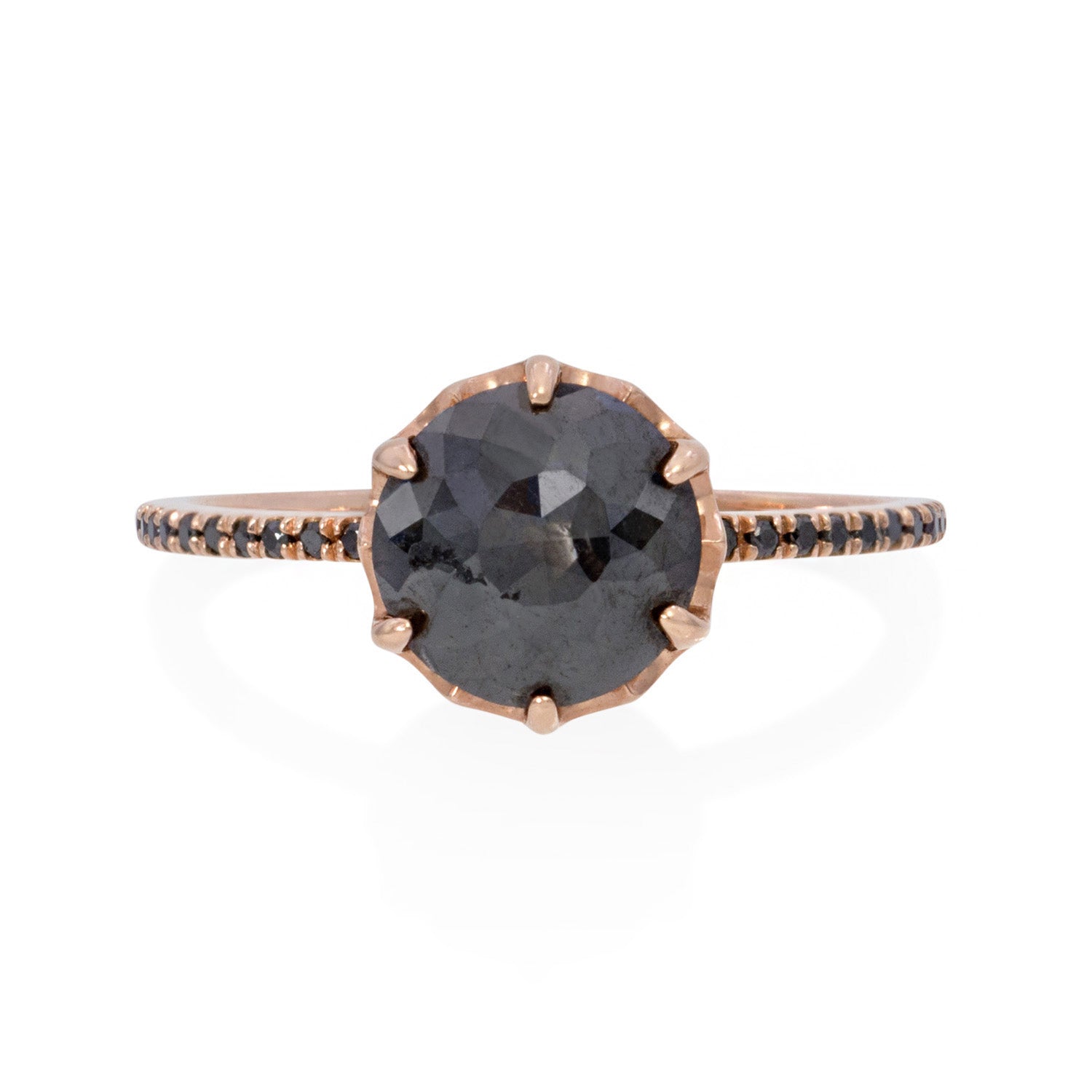 Vale Jewelry Mojave Ring with Rose Cut Black Diamond and Black Diamond Pave Accents in 14 Karat Rose Gold Front View