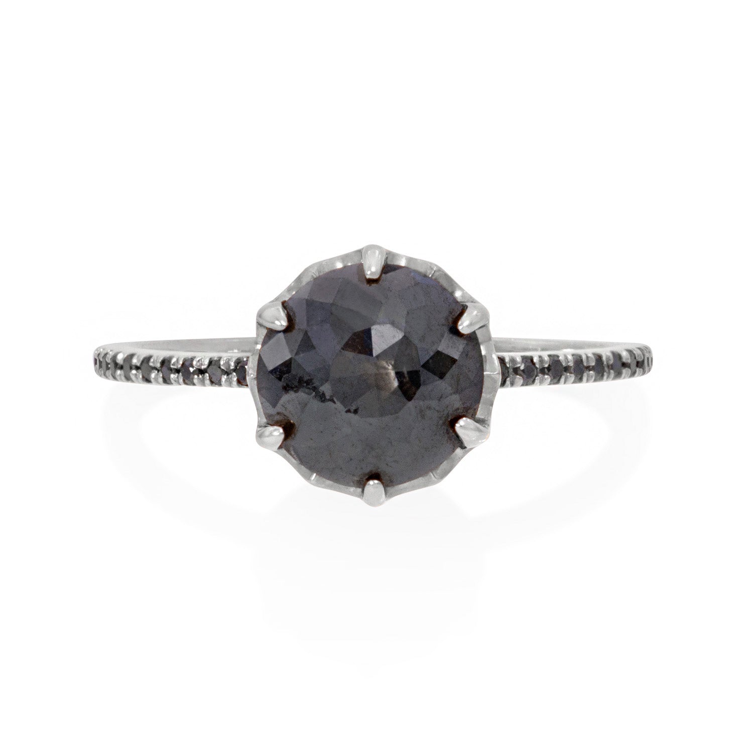 Vale Jewelry Mojave Ring with Rose Cut Black Diamond and Black Diamond Pave Accents in 14 Karat White Gold Front View