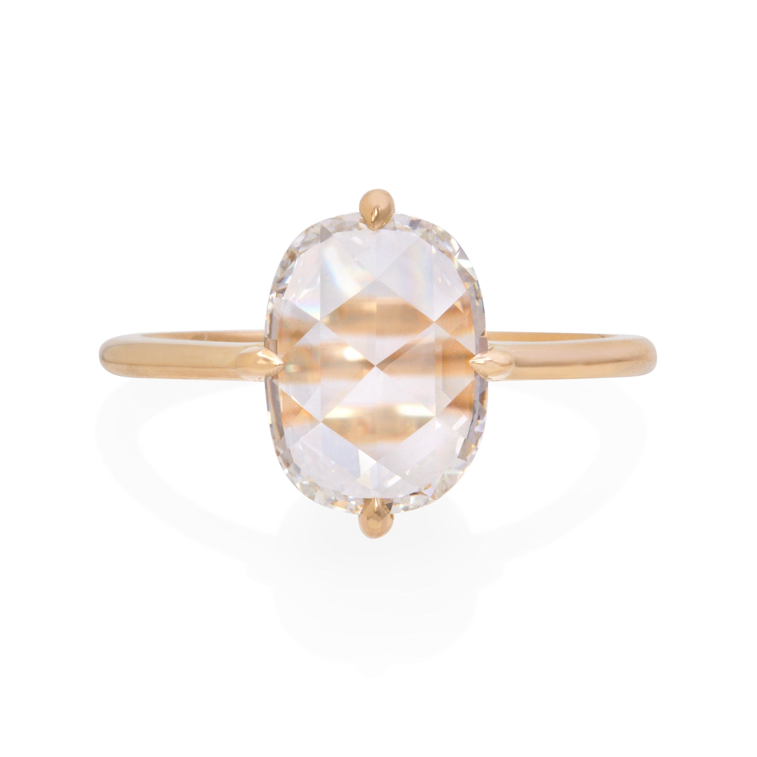 Vale Jewelry OOAK 1.64 Carat Elongated Cushion Rose Cut White Diamond Ring in 18K Yellow Gold Front View