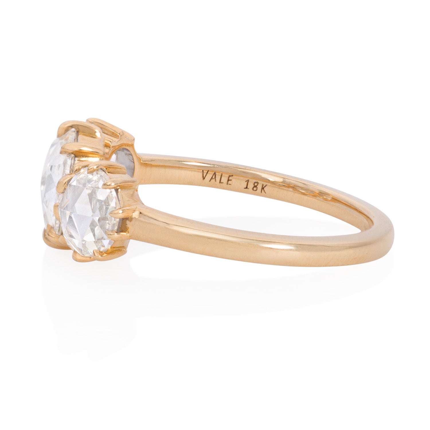 Vale Jewelry OOAK 3-Stone Round Rose Cut Diamond Ring 18K Yellow Gold Side View