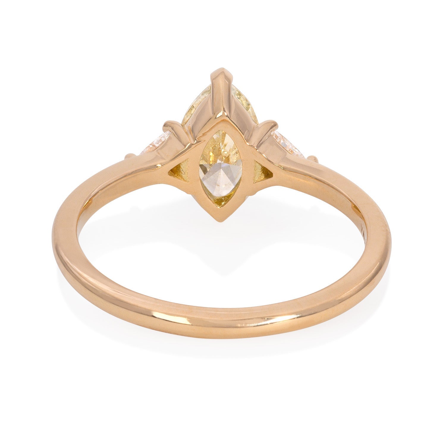 Vale Jewelry OOAK Chameleon Marquise Diamond Ring with White Trillion Cut Diamond Accents in 18 Karat Yellow Gold Back View