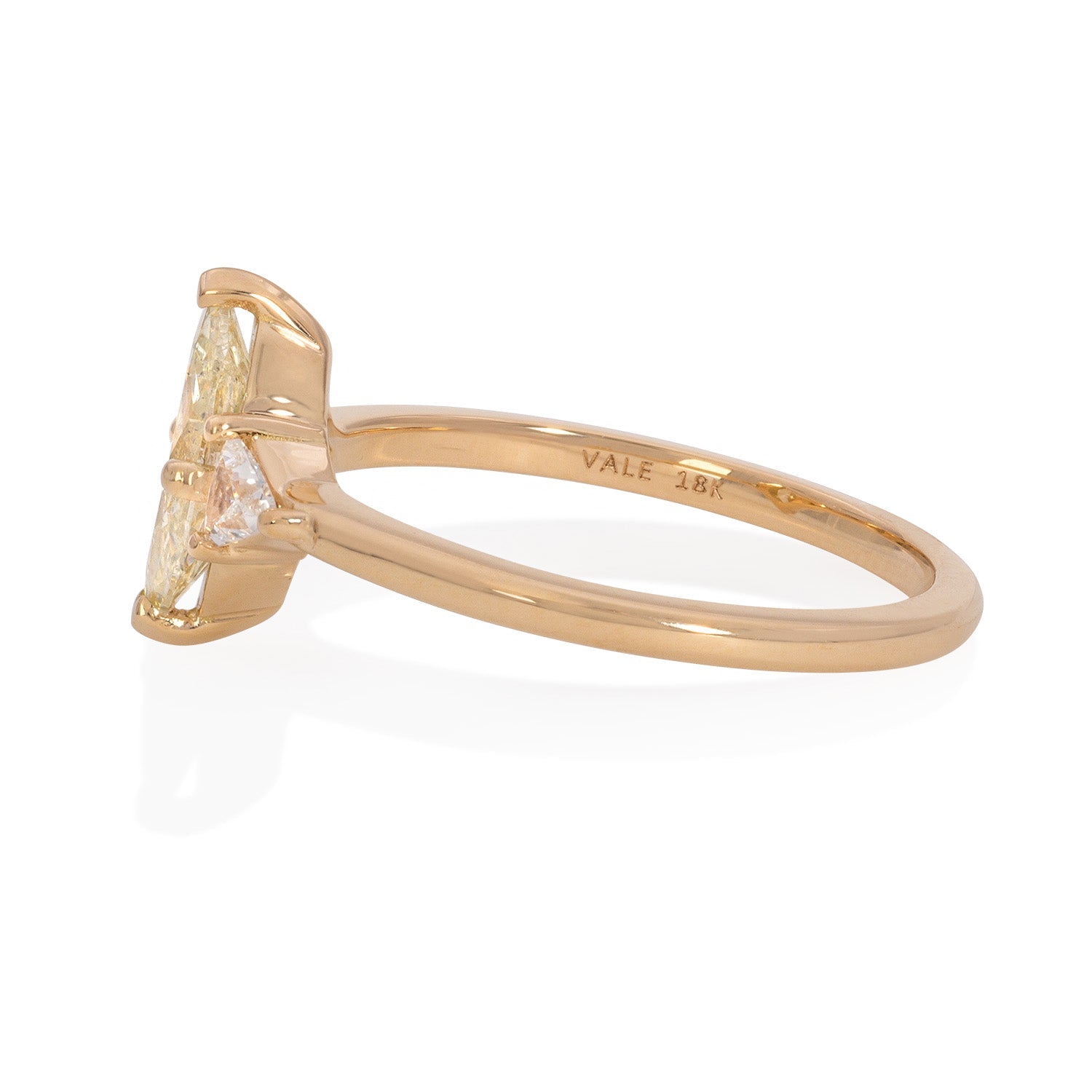 Vale Jewelry OOAK Chameleon Marquise Diamond Ring with White Trillion Cut Diamond Accents in 18 Karat Yellow Gold Side View