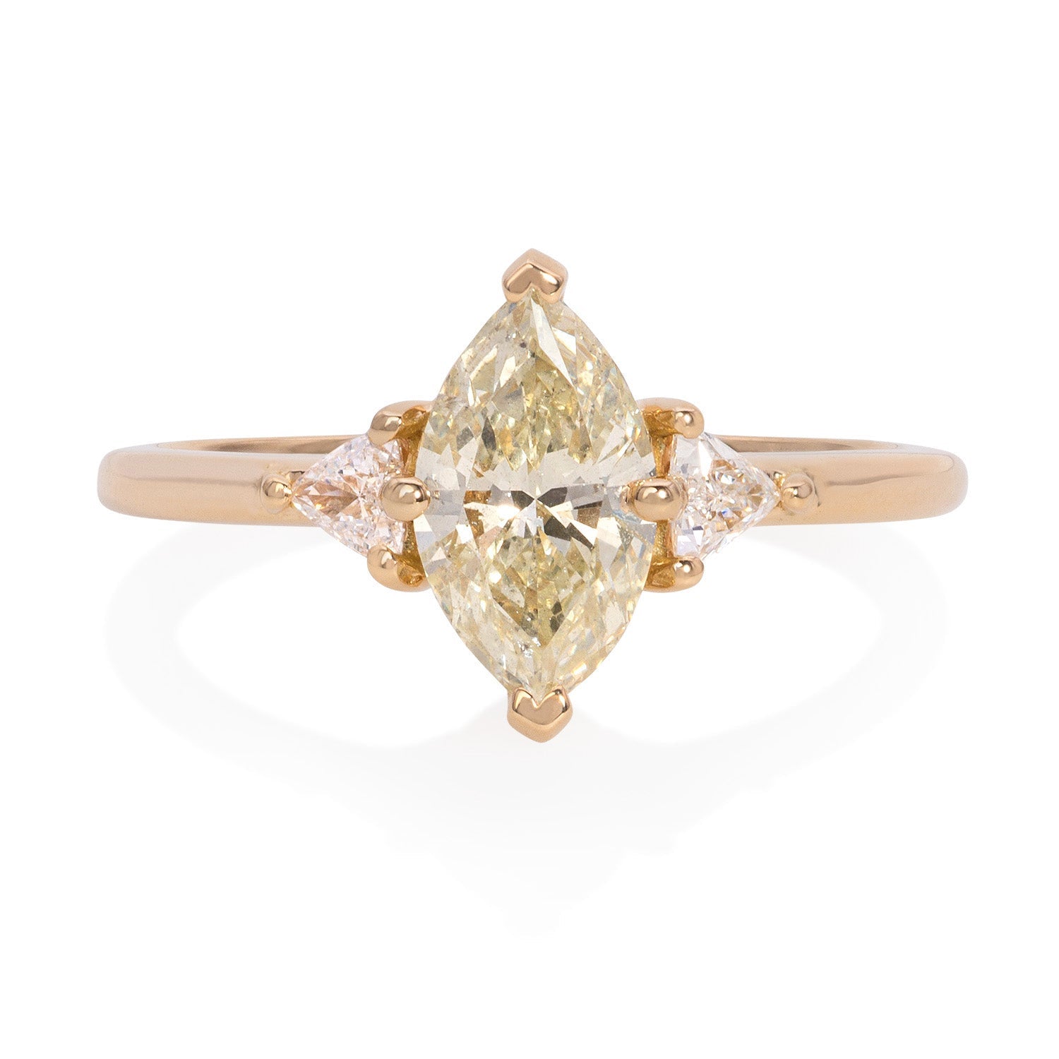 Vale Jewelry OOAK Chameleon Marquise Diamond Ring with White Trillion Cut Diamond Accents in 18 Karat Yellow Gold Front View