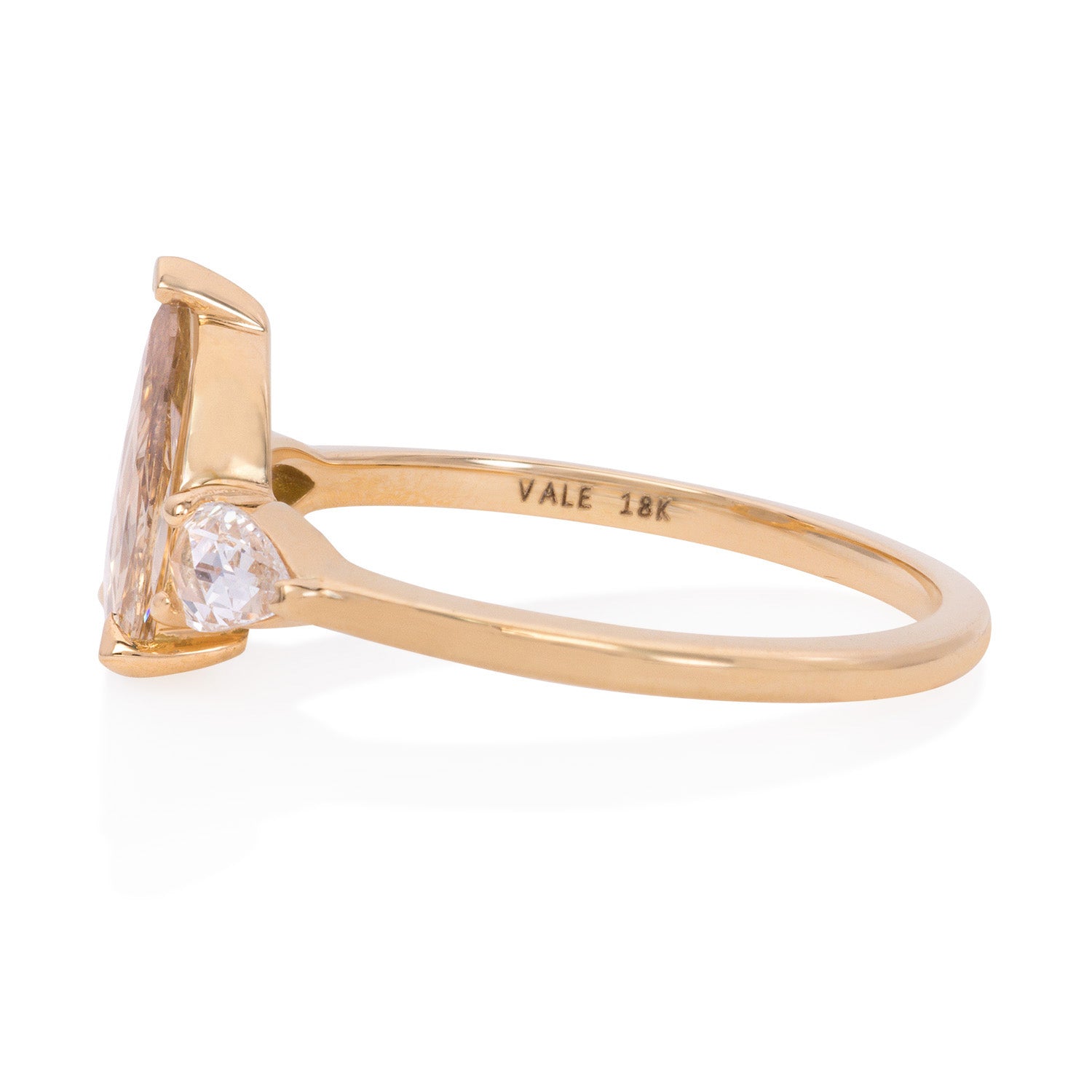 Vale Jewelry OOAK Champagne Pear Shaped Rose Cut Diamond Center with White Pear Shaped Rose Cut Diamond Accents in 18 Karat Yellow Gold Side View