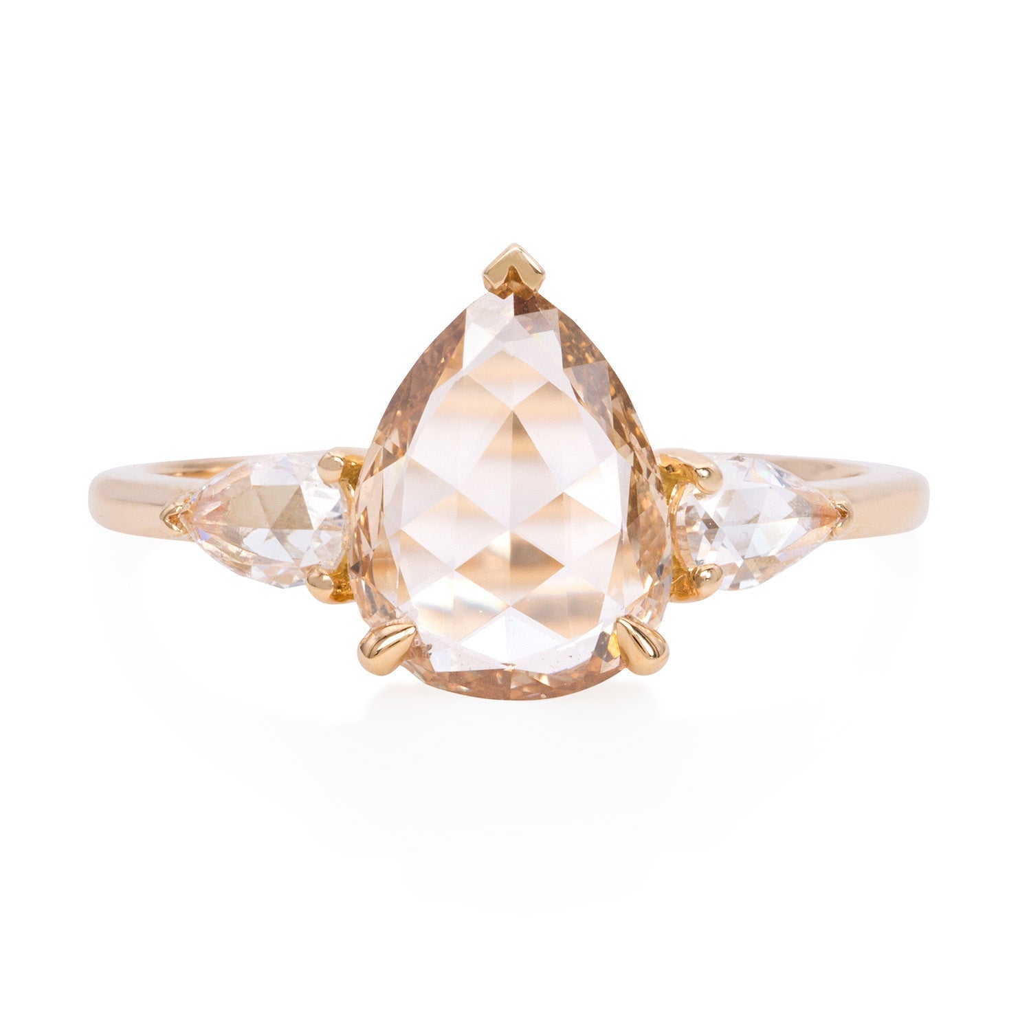 Vale Jewelry OOAK Champagne Pear Shaped Rose Cut Diamond Center with White Pear Shaped Rose Cut Diamond Accents in 18 Karat Yellow Gold Front View