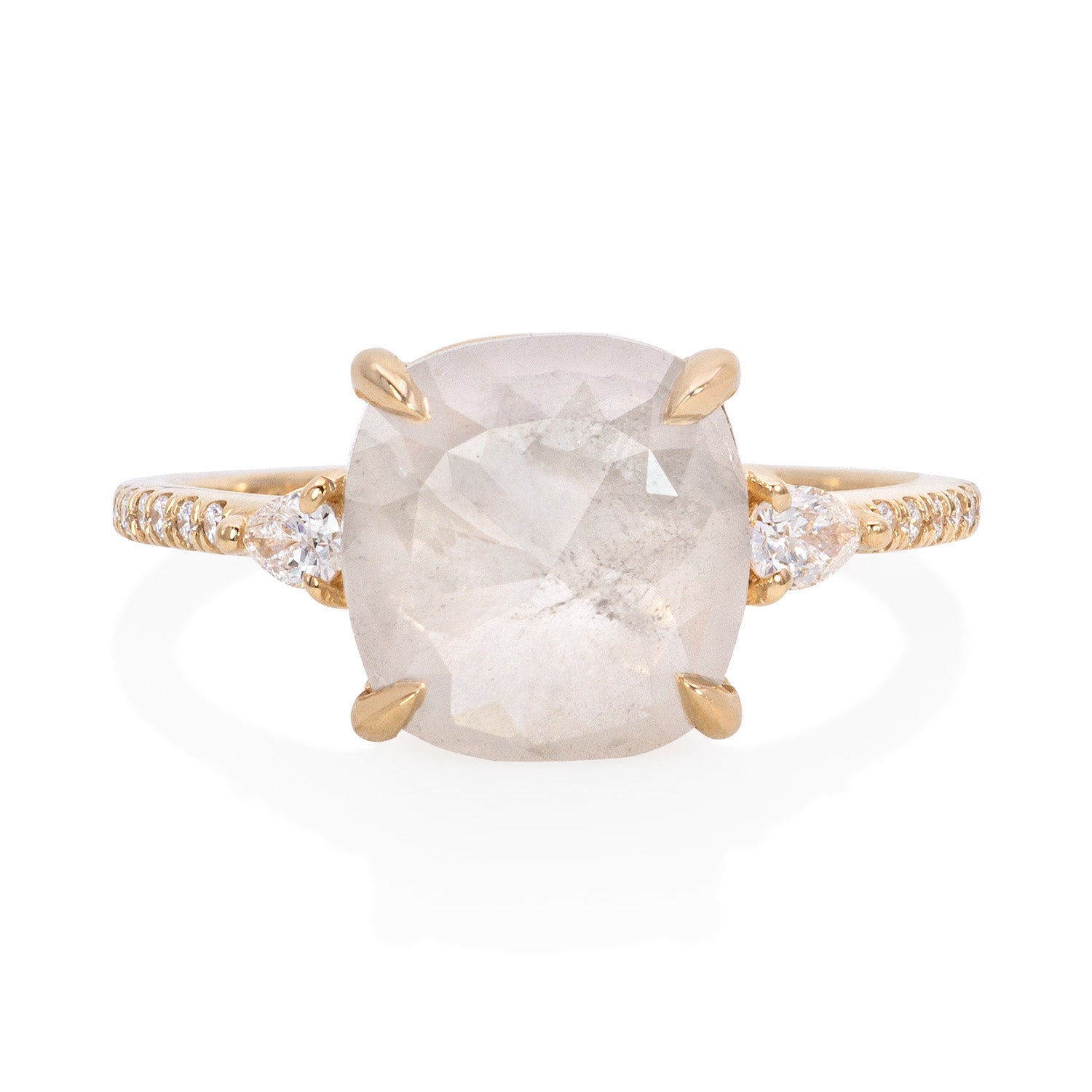 Vale Jewelry OOAK Cushion Rose Cut Grey Diamond Ring in 14 Karat Yellow Gold Front View
