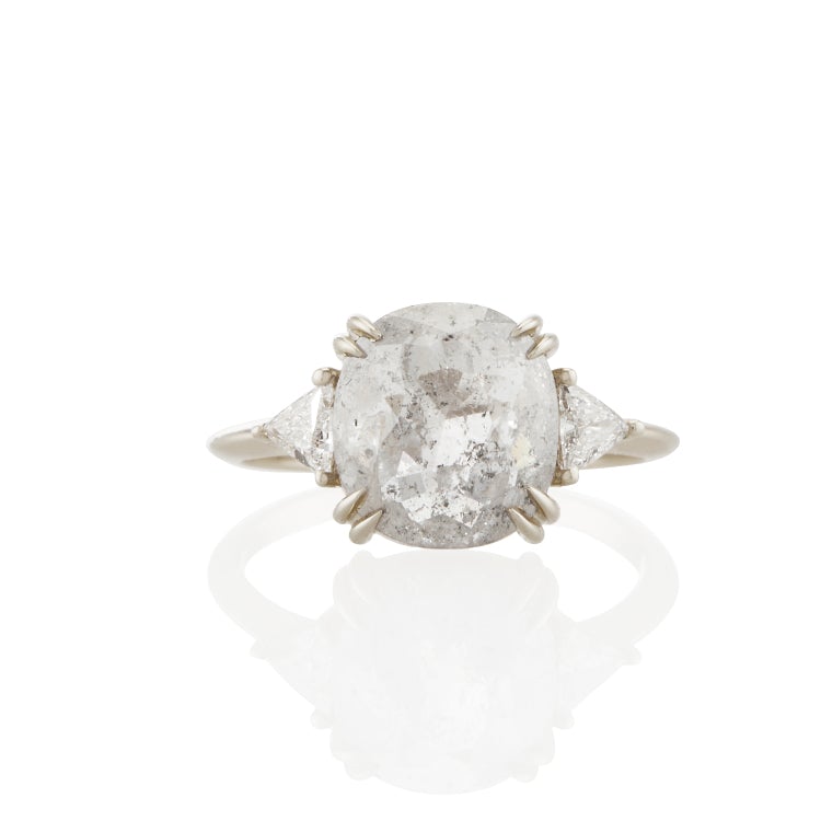 Vale Jewelry OOAK Cushion Shape Rose Cut Grey Diamond Ring in 18 Karat White Gold Front View