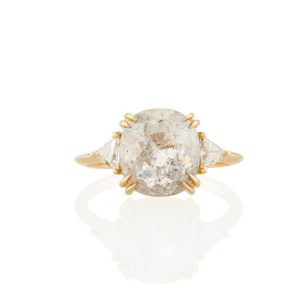 Vale Jewelry OOAK Cushion Shape Rose Cut Grey Diamond Ring in 18 Karat Yellow Gold Front View