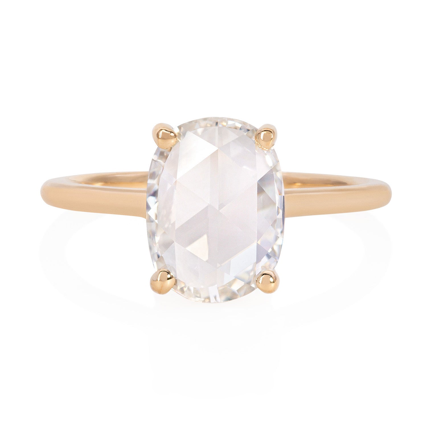 Vale Jewelry OOAK Elongated Cushion Rose Cut White Diamond Ring in 18 Karat Yellow Gold Front View