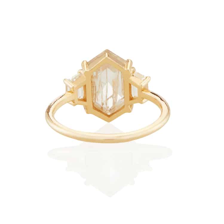 Vale Jewelry OOAK Hexagon Shield Shape Grey Rose Cut Diamond Ring in 18 Karat Yellow Gold Back View