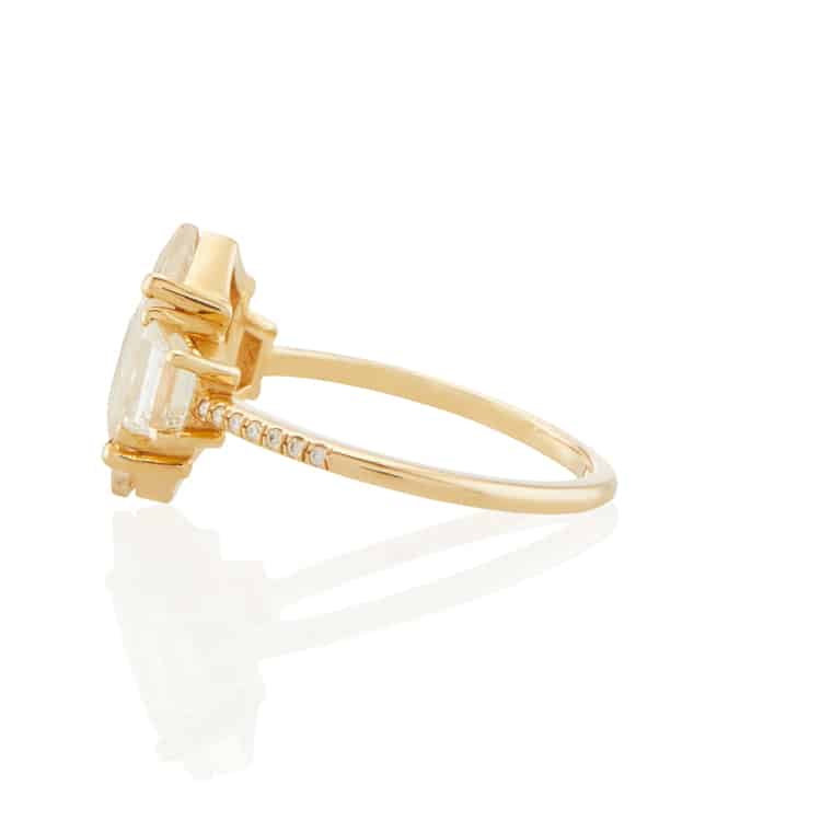Vale Jewelry OOAK Hexagon Shield Shape Grey Rose Cut Diamond Ring in 18 Karat Yellow Gold Side View