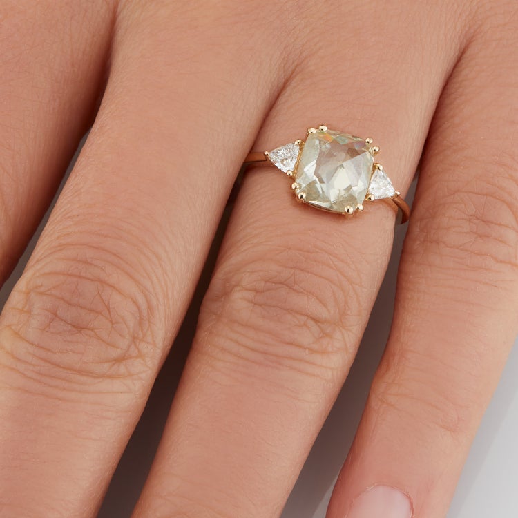 Vale Jewelry OOAK Milky Grey Rose Cut Diamond Ring with Trillion Cut White Diamond Accents in 14 Karat Yellow Gold Hand View