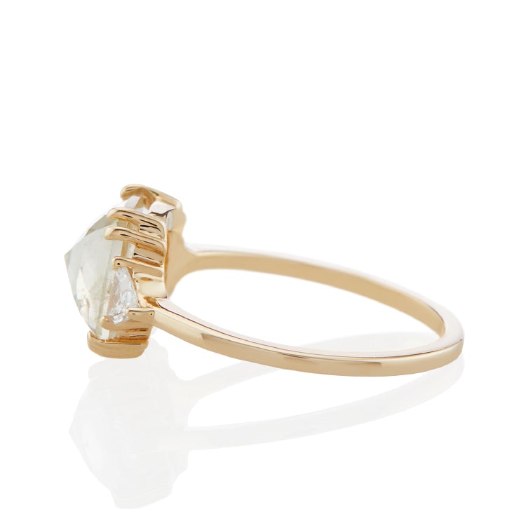 Vale Jewelry OOAK Milky Grey Rose Cut Diamond Ring with Trillion Cut White Diamond Accents in 14 Karat Yellow Gold Side View