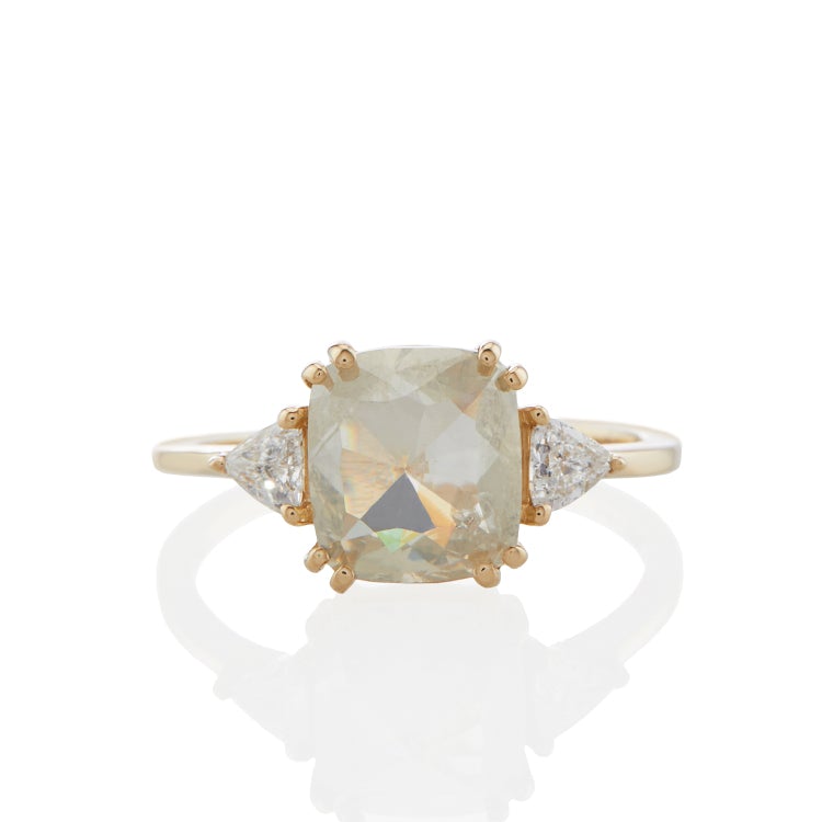 Vale Jewelry OOAK Milky Grey Rose Cut Diamond Ring with Trillion Cut White Diamond Accents in 14 Karat Yellow Gold Front View