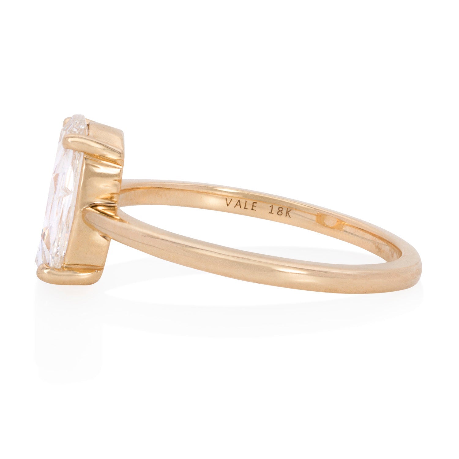 Vale Jewelry OOAK 1.34 Carat Narrow Cushion Rose Cut White Diamond Ring in 18 Karat Yellow Gold Side View