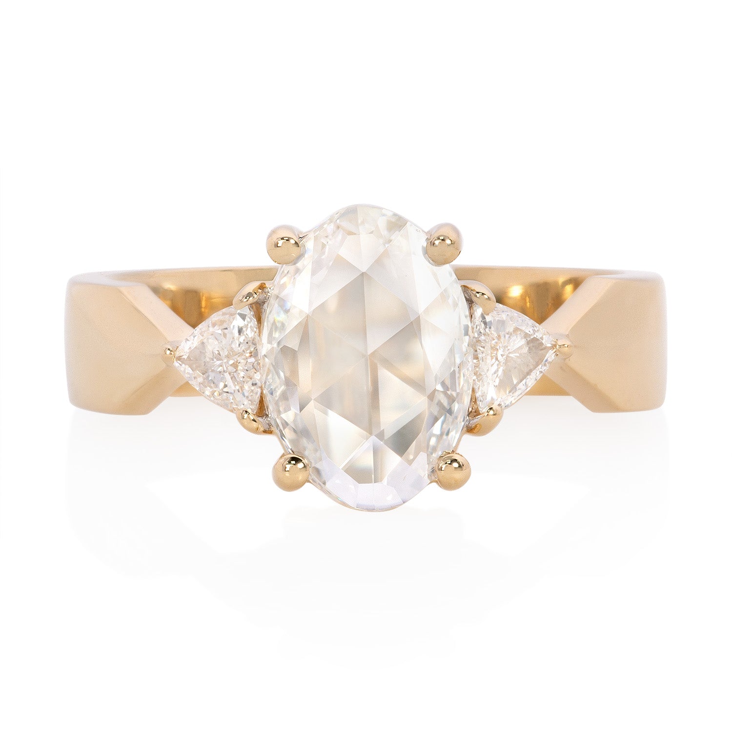 Vale Jewelry One of a Kind Oval Rose Cut and Trillion Belted Diamond Ring in Yellow Gold Front View