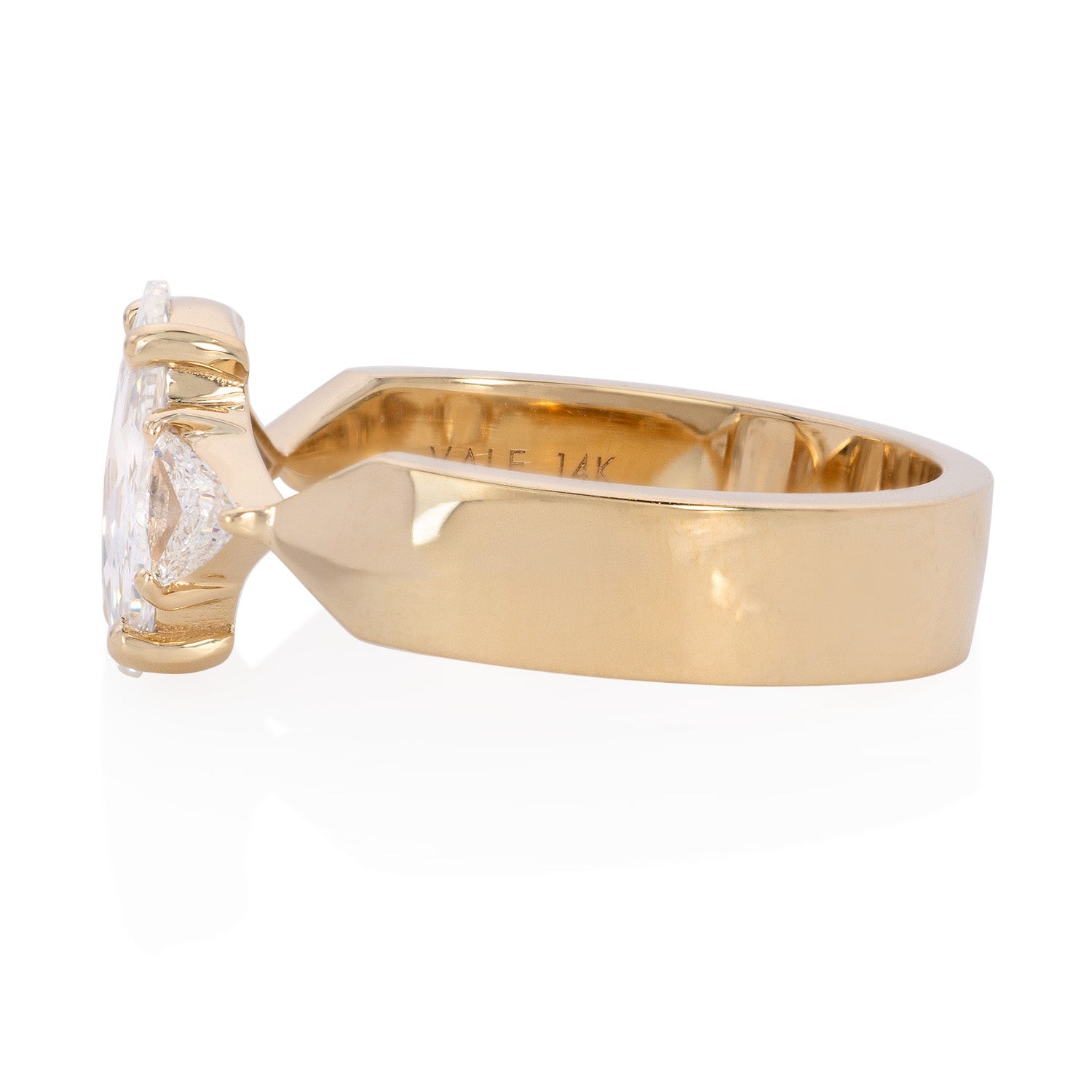 Vale Jewelry One of a Kind Oval Rose Cut and Trillion Belted Diamond Ring in Yellow Gold Side View