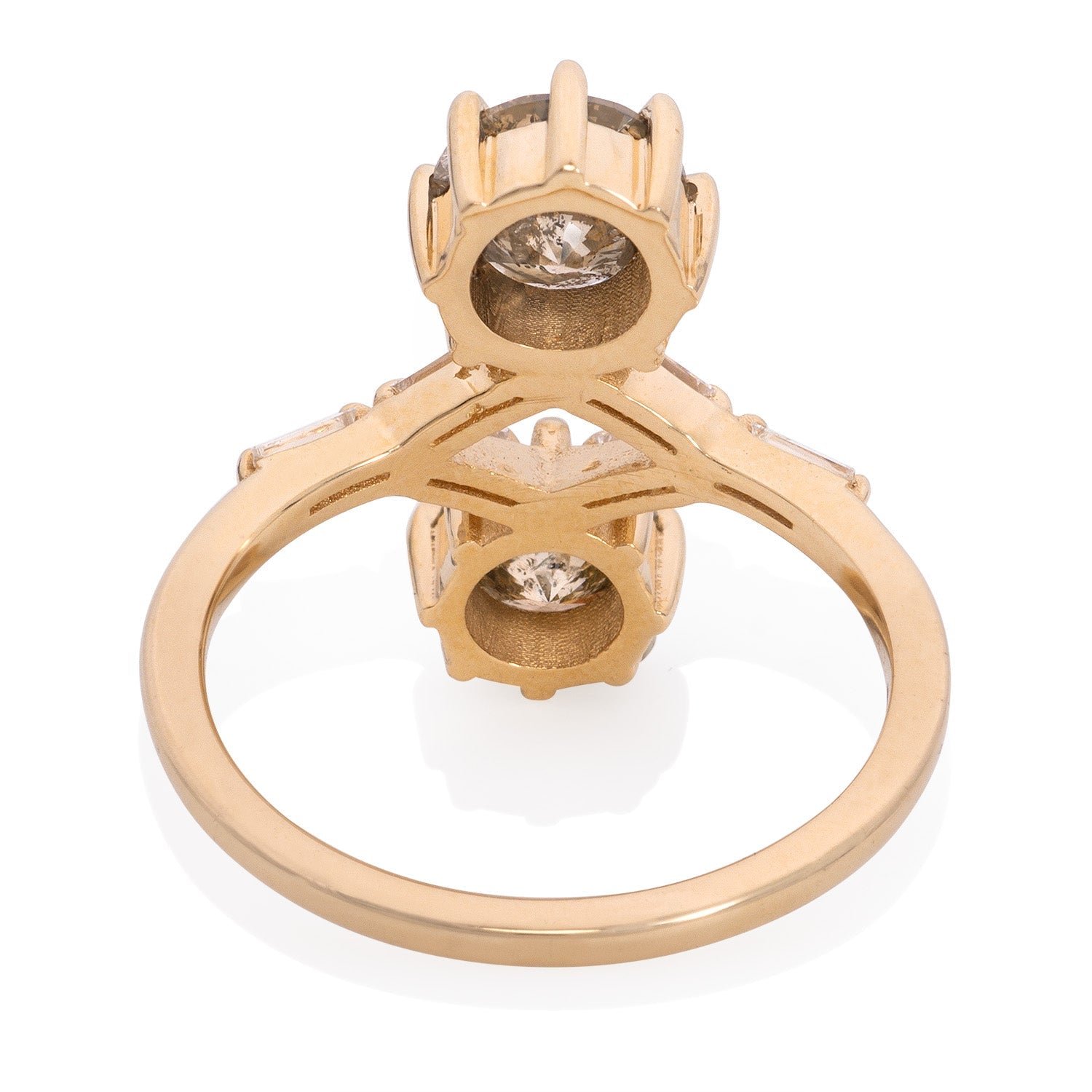 Vale Jewelry OOAK Toi et Moi Round Brilliant Cut Salt and Pepper Diamond Ring with Baguette Cut White Diamonds in 14 Karat Yellow Gold Back View
