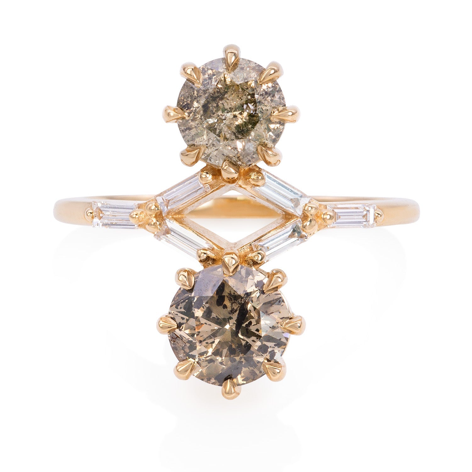 Vale Jewelry OOAK Toi et Moi Round Brilliant Cut Salt and Pepper Diamond Ring with Baguette Cut White Diamonds in 14 Karat Yellow Gold Front View