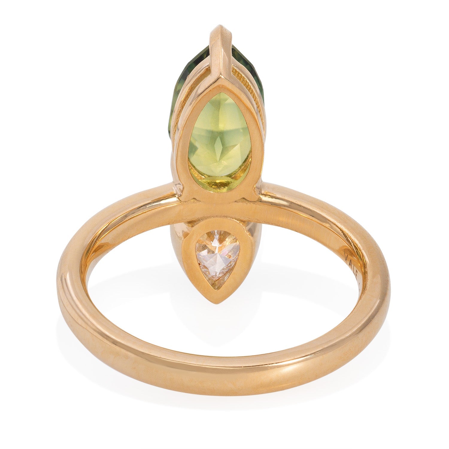 Vale Jewelry OOAK Toi et Moi Green Sapphire and Pear Shaped White Diamond Ring in 18 Karat Yellow Gold Back View