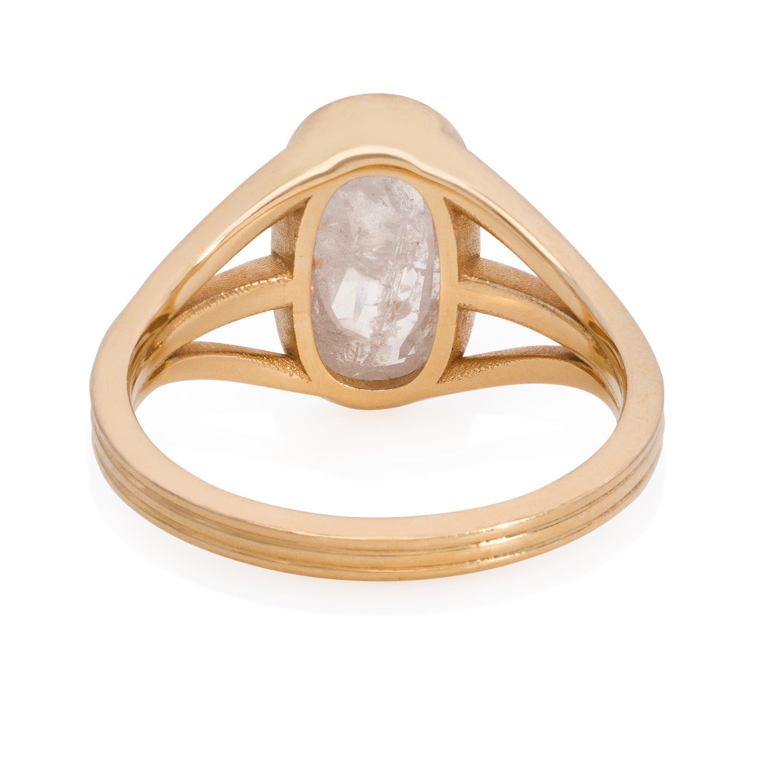 Vale Jewelry OOAK Triple Split Shank Grey Oval Rose Cut Diamond Ring in 18 Karat Yellow Gold Back View