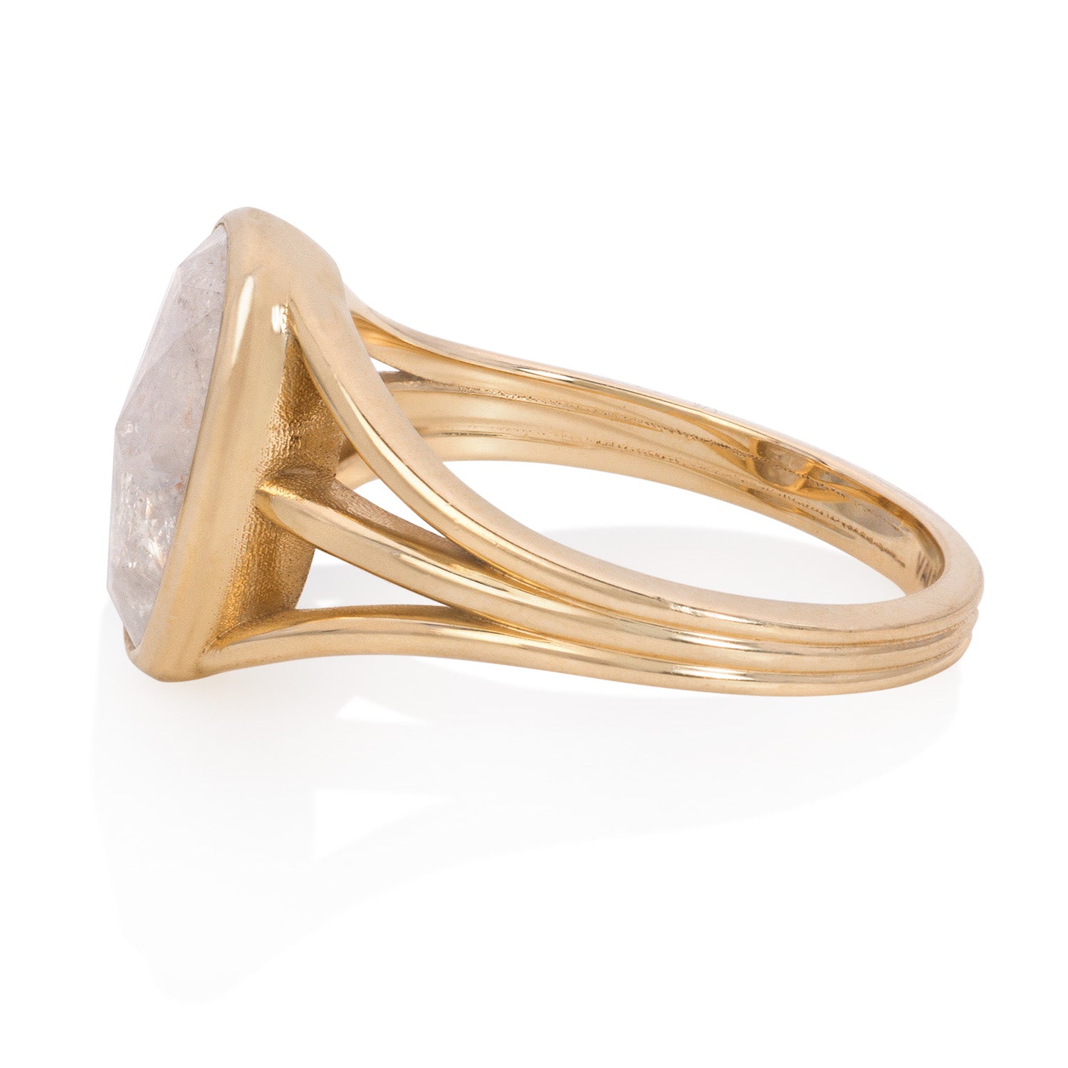 Vale Jewelry OOAK Triple Split Shank Grey Oval Rose Cut Diamond Ring in 18 Karat Yellow Gold Side View