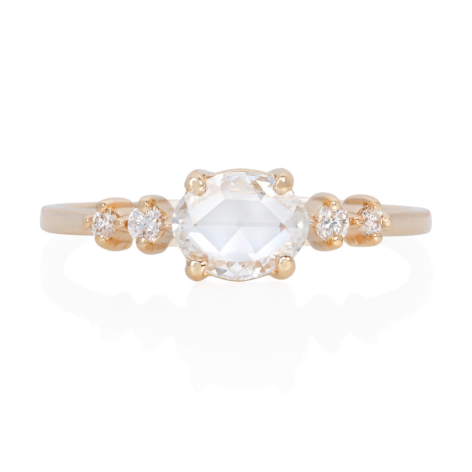 Vale Jewelry Pascale Ring with White Rose Cut and Brilliant Cut Diamonds in 14 Karat Yellow Gold Front View
