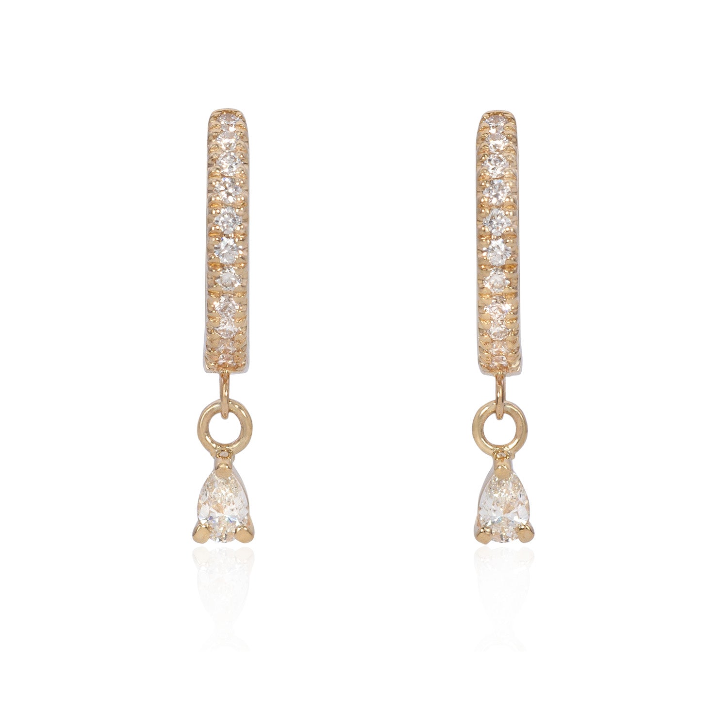 Vale Jewelry Pave Huggie Earrings with Hanging Pear Diamond Charm Yellow Gold Front View
