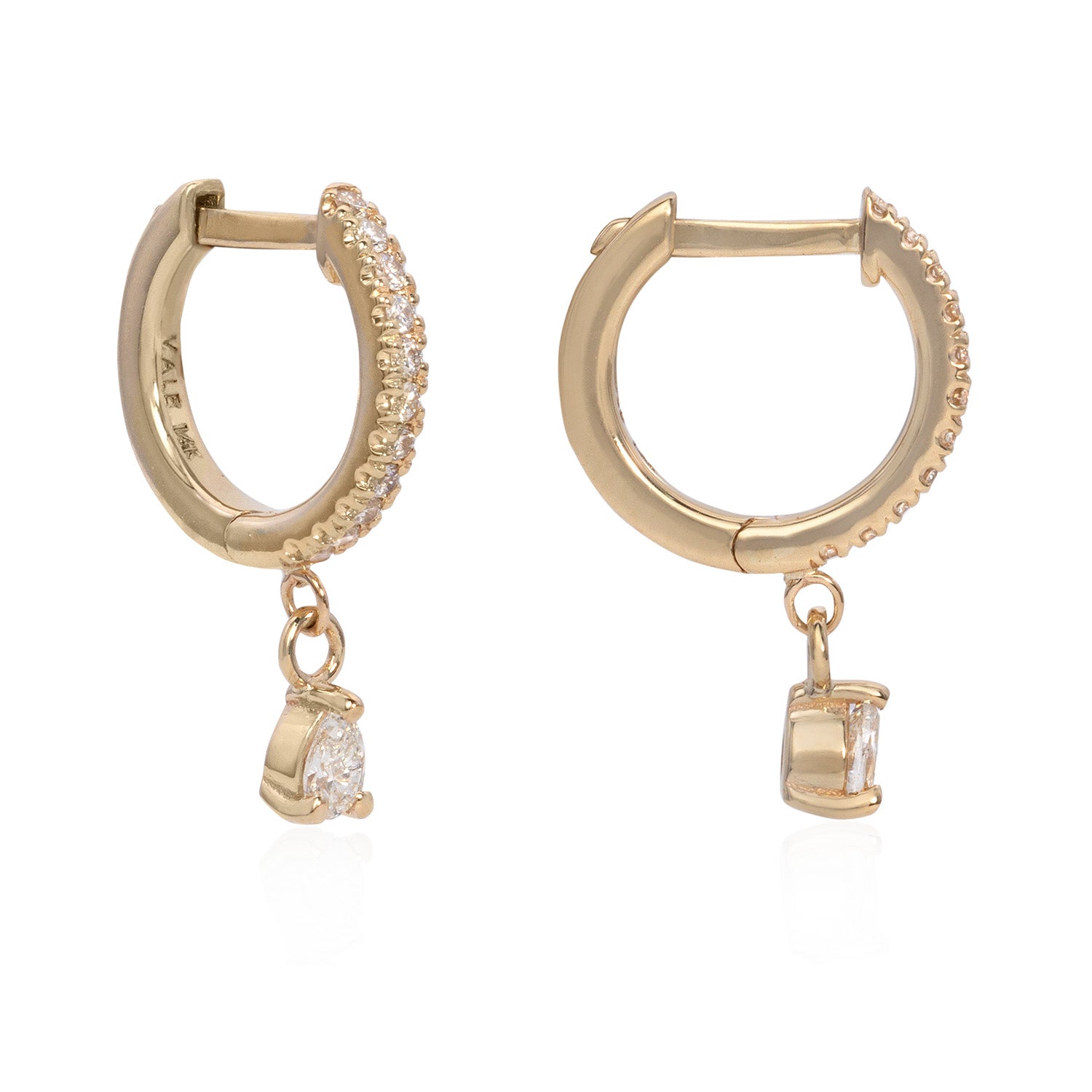 Vale Jewelry Pave Huggie Earrings with Hanging Pear Diamond Charm Yellow Gold Side View