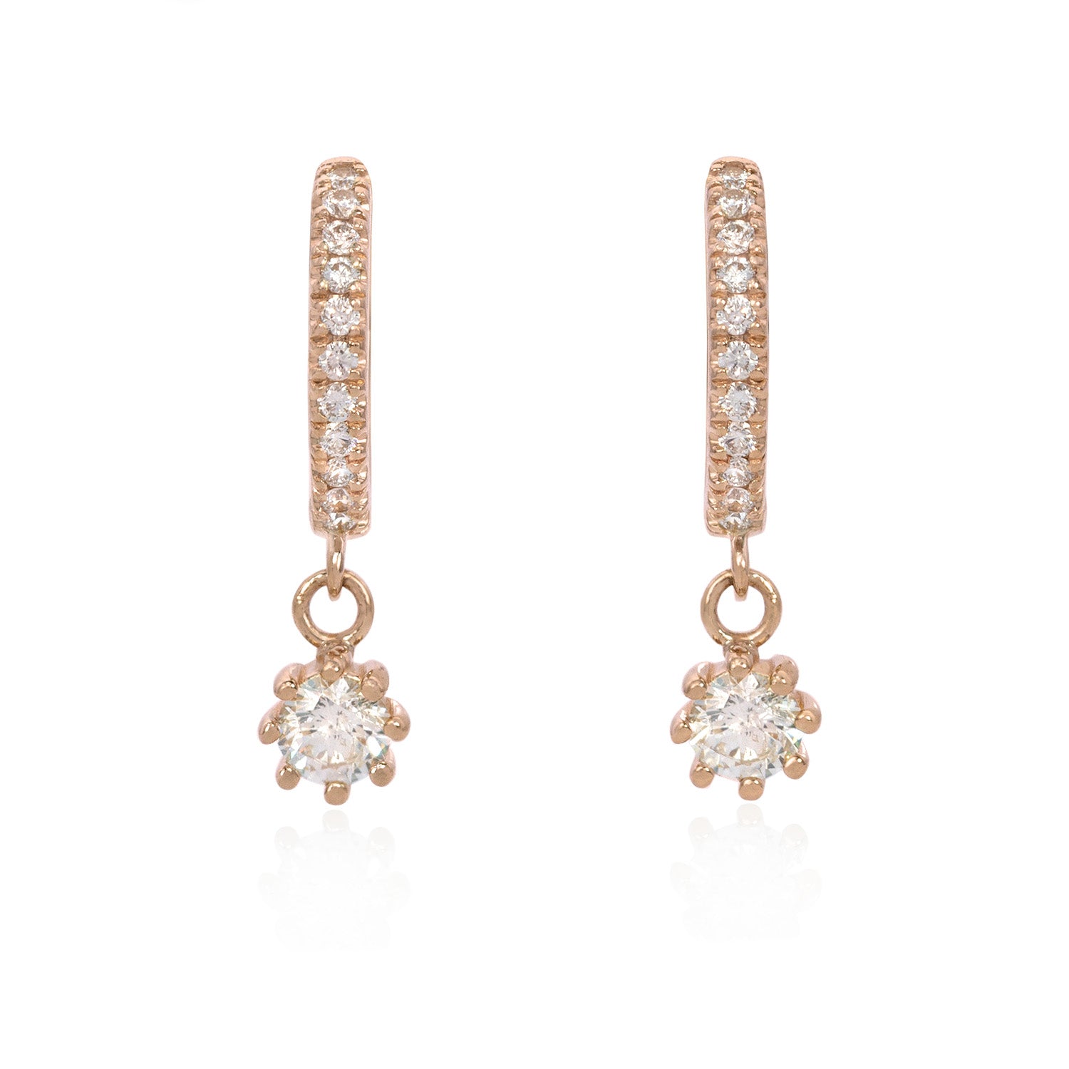 Vale Jewelry Pave Huggie Earrings with Hanging Round Diamond Charm Rose Gold Side View