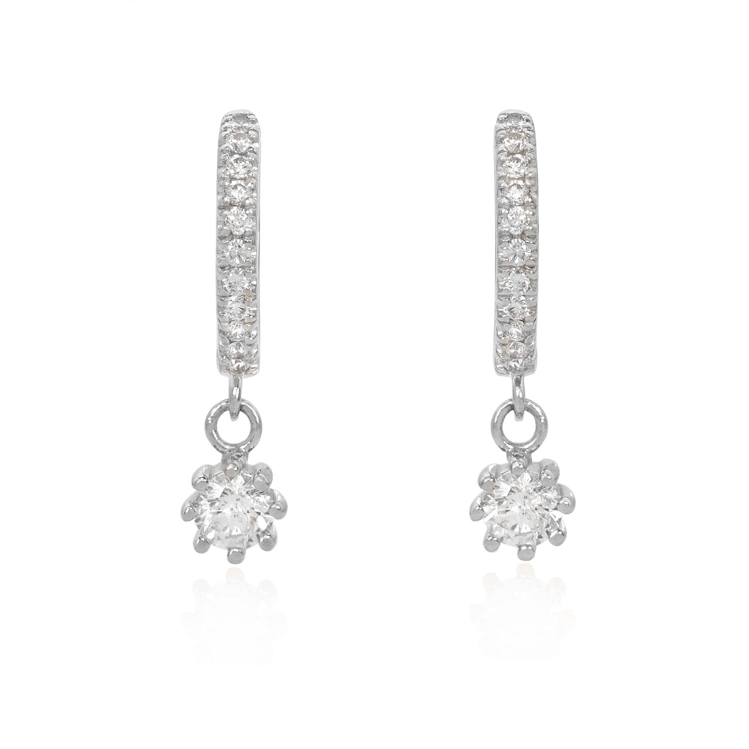 Vale Jewelry Pave Huggie Earrings with Hanging Round Diamond Charm White Gold Front View