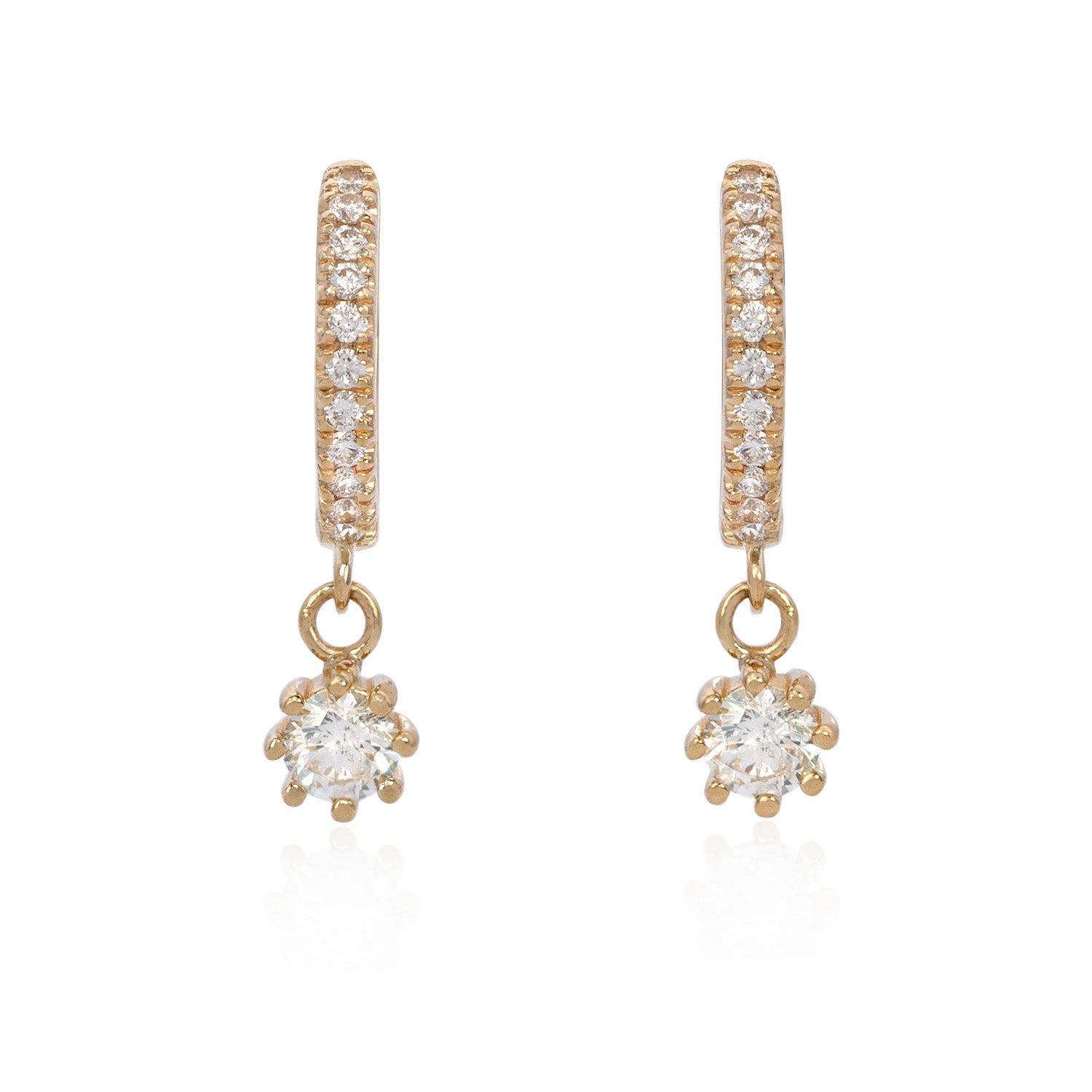 Vale Jewelry Pave Huggie Earrings with Hanging Round Diamond Charm Yellow Gold Front View