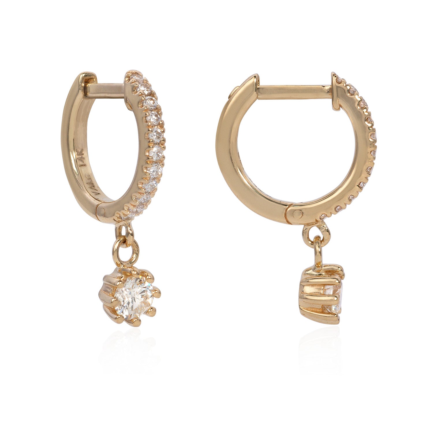 Vale Jewelry Pave Huggie Earrings with Hanging Round Diamond Charm Yellow Gold Side View
