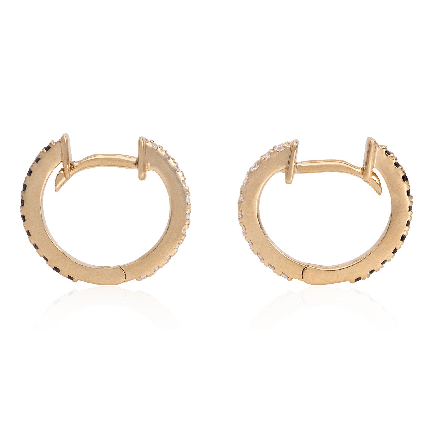 Vale Jewelry Pave Huggies Earrings Reversible Black and White Diamond Yellow Gold Black White Diamonds Side View