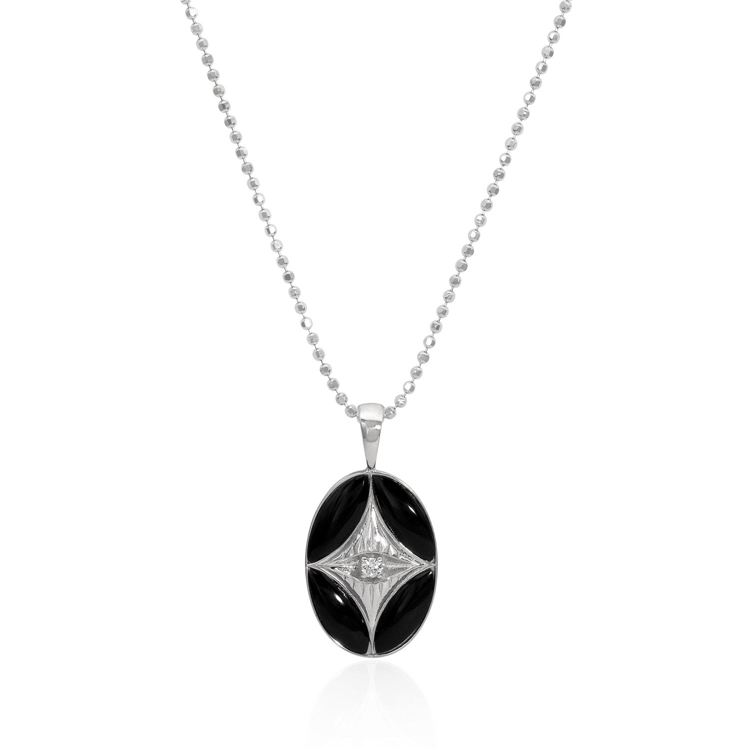 Vale Jewelry Perrine Necklace with Black Onyx and White Brilliant Cut Round Diamond with Teardrop Bail on Faceted Bead Chain in 14 Karat White Gold Close Up